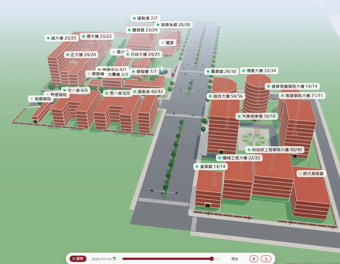 3D 校園日景：建物模型與 AP 點位