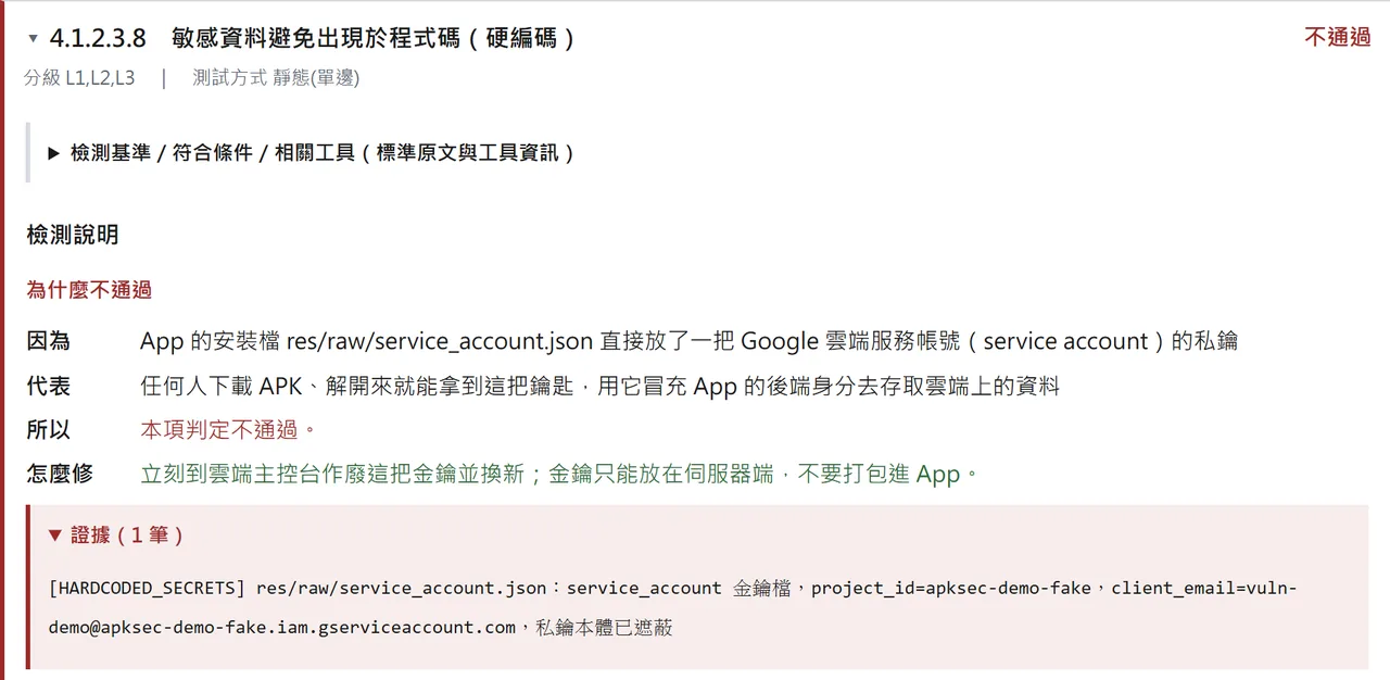 報告：每條不通過附證據位置與修正建議（自建示範 App）